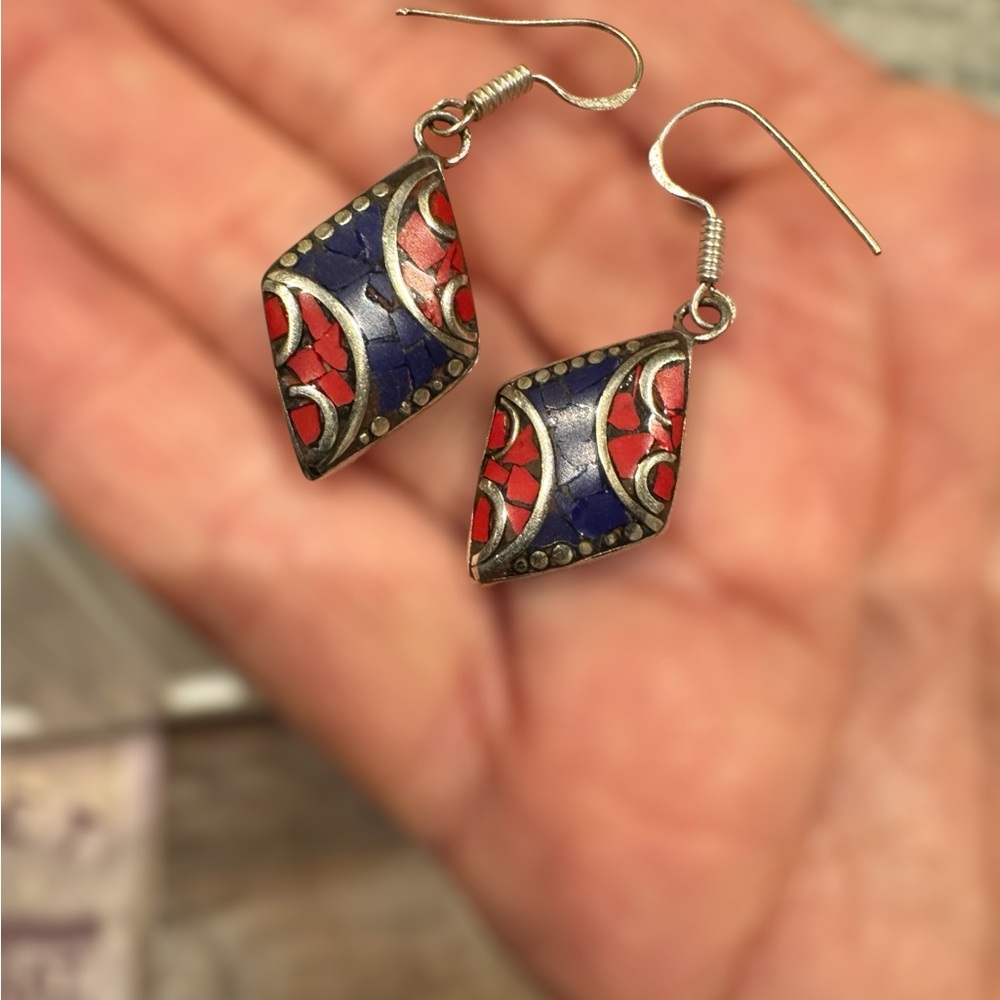 Handcrafted Red Coral & Blue Lapis Earrings - Picture 3 of 6